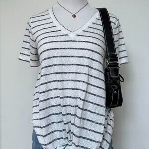 White & navy blue striped v-neck blouse w/ tie-front